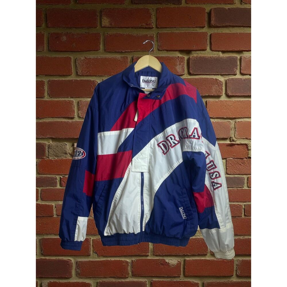 Vintage DeLONG NHRA Drag Racing USA Jacket– Red White Blue Windbreaker – Size L